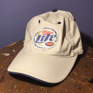 Miller Lite beer distressed 6 panel baseball style hat khaki & blue cap